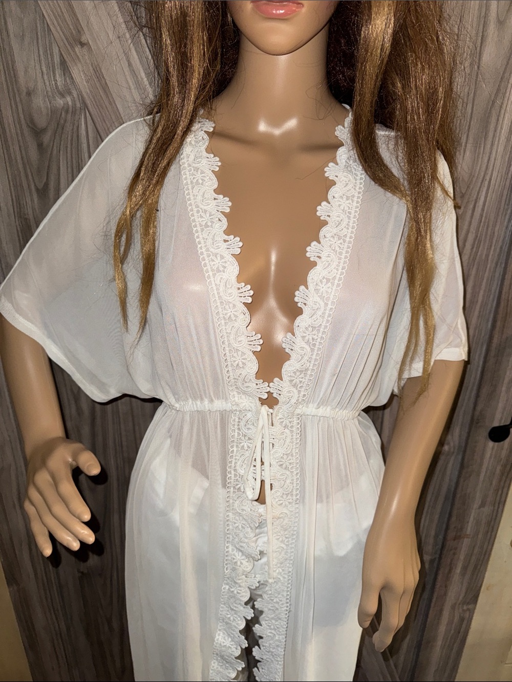 Sheer White Lace-Trim Kimono Robe